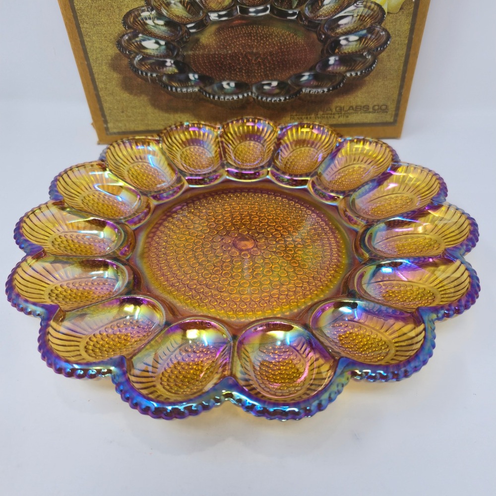 Indiana Glass Gold Carnival Hobnail Egg Plate Relish Tray 1213 Amber Rainbow - Picture 10 of 12